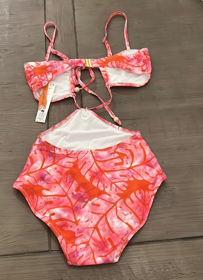 Aqua Batik Leaf Print Cutout One Piece Swimsuit