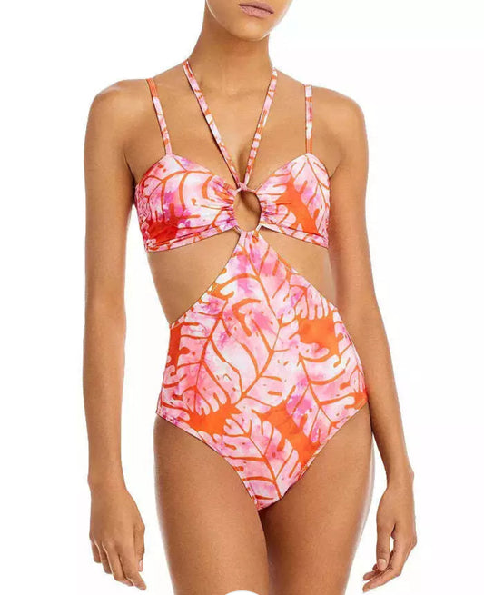 Aqua Batik Leaf Print Cutout One Piece Swimsuit