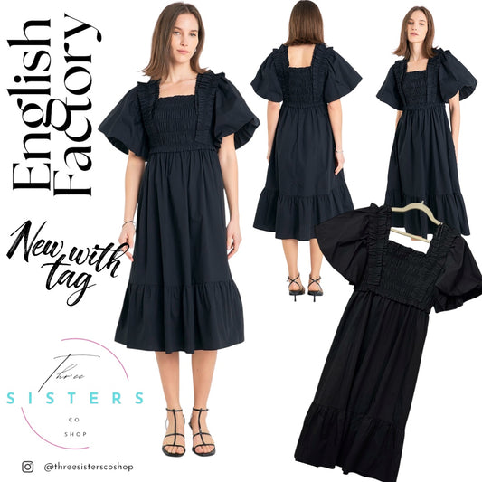 English Factory Puff Sleeve Square Neck Midi Dress NWT