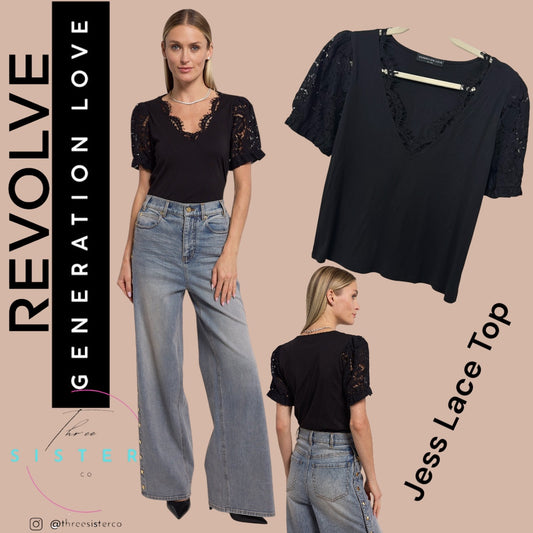 Revolve Generation Love Jess Lace short sleeve puff sleeve Top Black V-neck NWOT