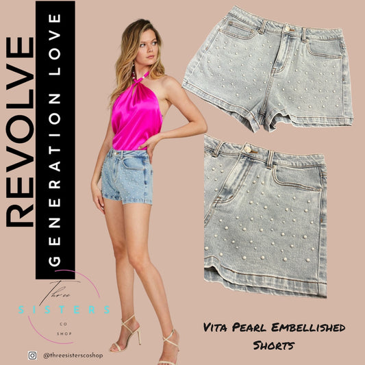 Revolve x Generation Love Vita Pearl Embellished Denim Shorts NWT
