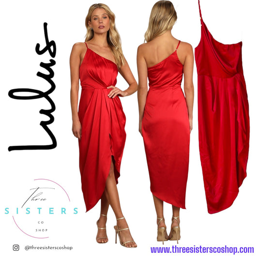 Lulus Law of Attraction Red Satin One Shoulder Asymmetrical Midi NWT